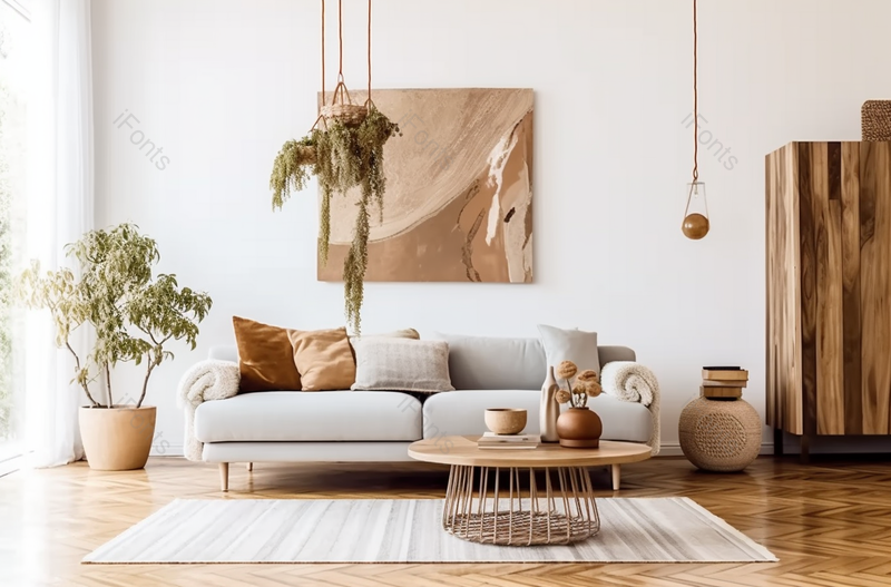 时尚的波西米亚风格的客厅内部装修设计灰色沙发咖啡桌舒适的公寓家居装饰图像摄影,高清,摄影图,摄影图片,图片大全,摄影图免费下载